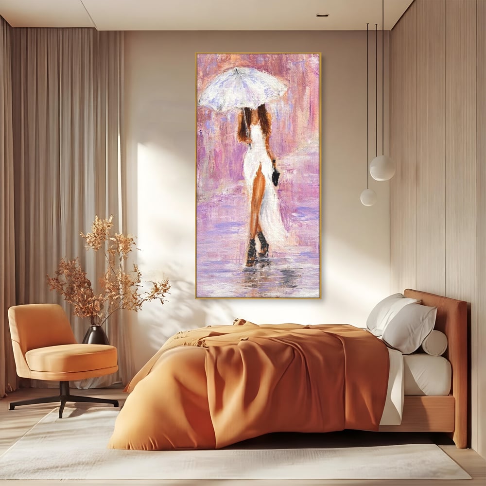 Tablou canvas cu pictura cu femeie si umbrela alba, in rama de aluminiu auriu, pe perete intr-un dormitor